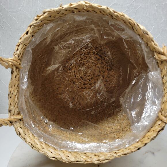 Seagrass Belly Basket 12" Tan Black Woven Wicker Home Storage Handles Lined New - Picture 4 of 16
